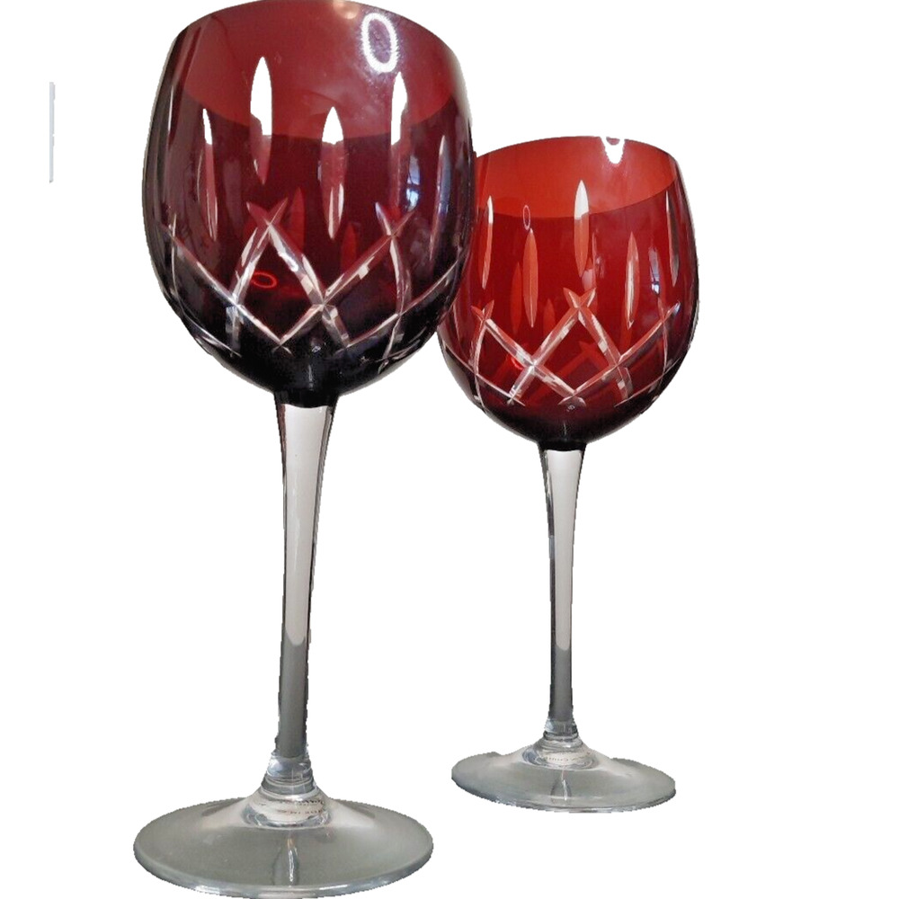 Vintage Bohemian Ruby Red Cut to Clear Globe Crystal Wine Glasses Goblets 2 pc